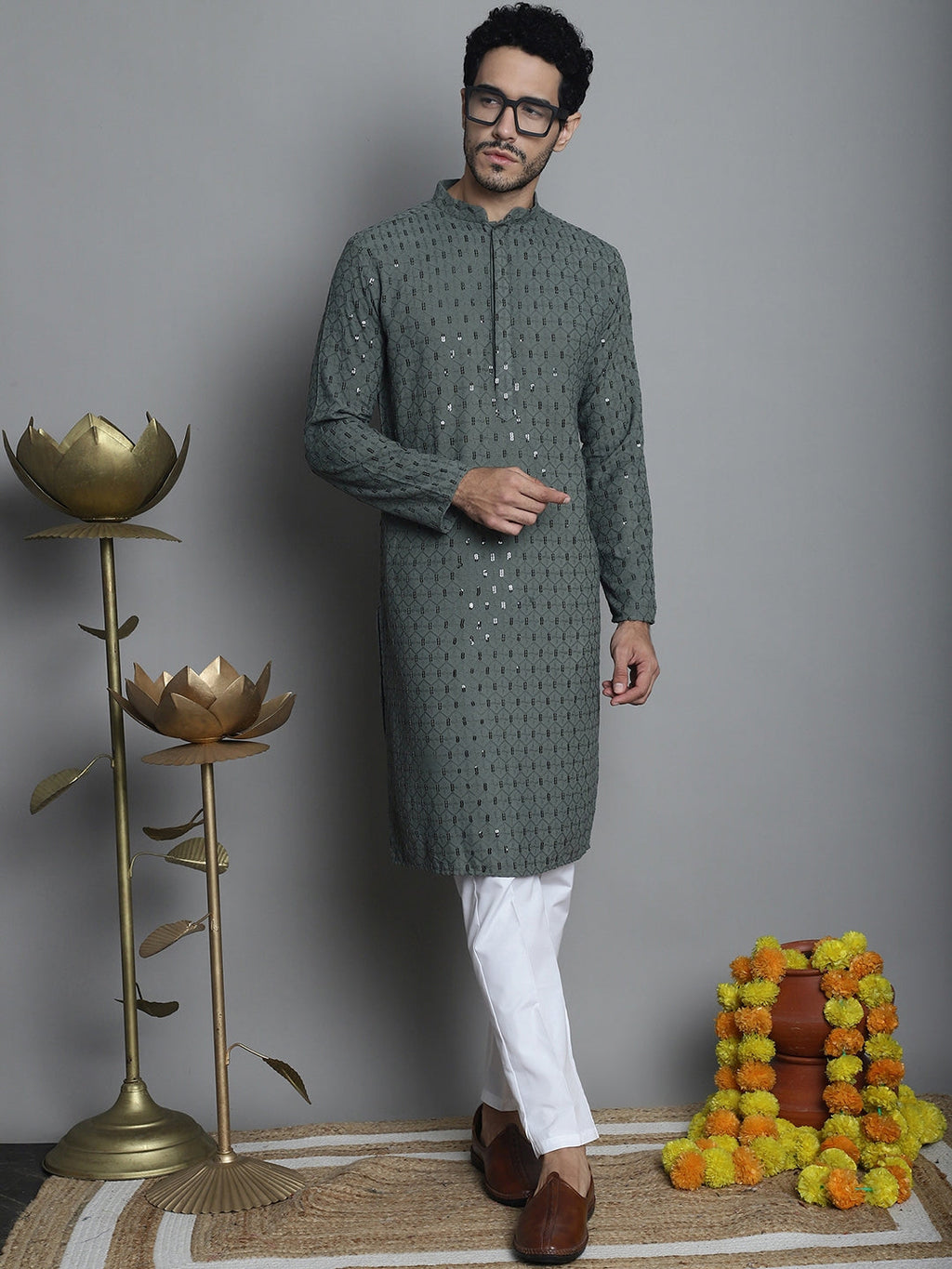 Jompers Men's Chikankari Embroidered and Sequence Kurta with Pyjama - Sea-Green | Grocsy