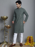 Jompers Men's Chikankari Embroidered and Sequence Kurta with Pyjama - Sea-Green | Grocsy