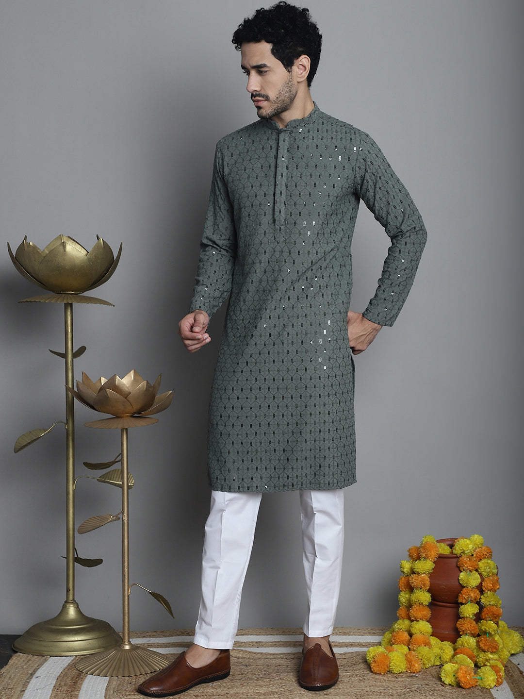 Jompers Men's Chikankari Embroidered and Sequence Kurta with Pyjama - Sea-Green | Grocsy