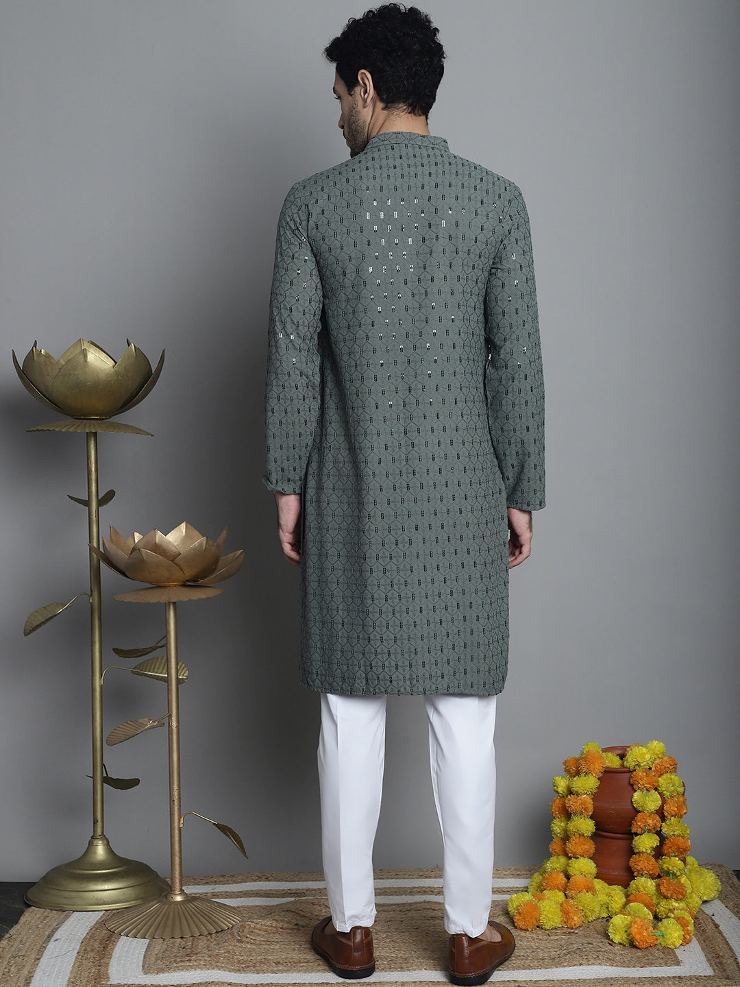 Jompers Men's Chikankari Embroidered and Sequence Kurta with Pyjama - Sea-Green | Grocsy