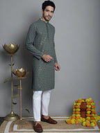 Jompers Men's Chikankari Embroidered and Sequence Kurta with Pyjama - Sea-Green | Grocsy