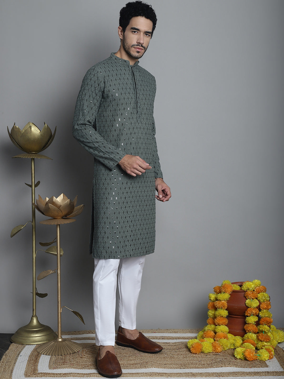 Jompers Men's Chikankari Embroidered and Sequence Kurta with Pyjama - Sea-Green | Grocsy