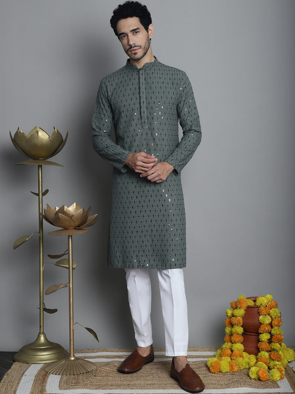 Jompers Men's Chikankari Embroidered and Sequence Kurta with Pyjama - Sea-Green | Grocsy