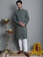 Jompers Men's Chikankari Embroidered and Sequence Kurta with Pyjama - Sea-Green | Grocsy