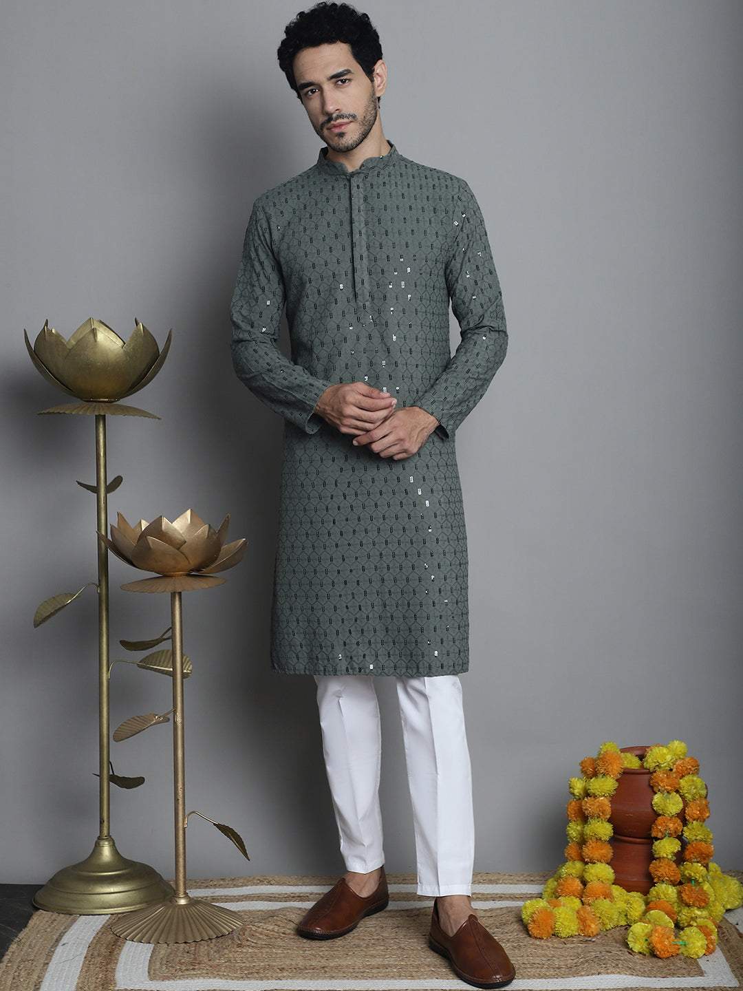 Jompers Men's Chikankari Embroidered and Sequence Kurta with Pyjama - Sea-Green | Grocsy