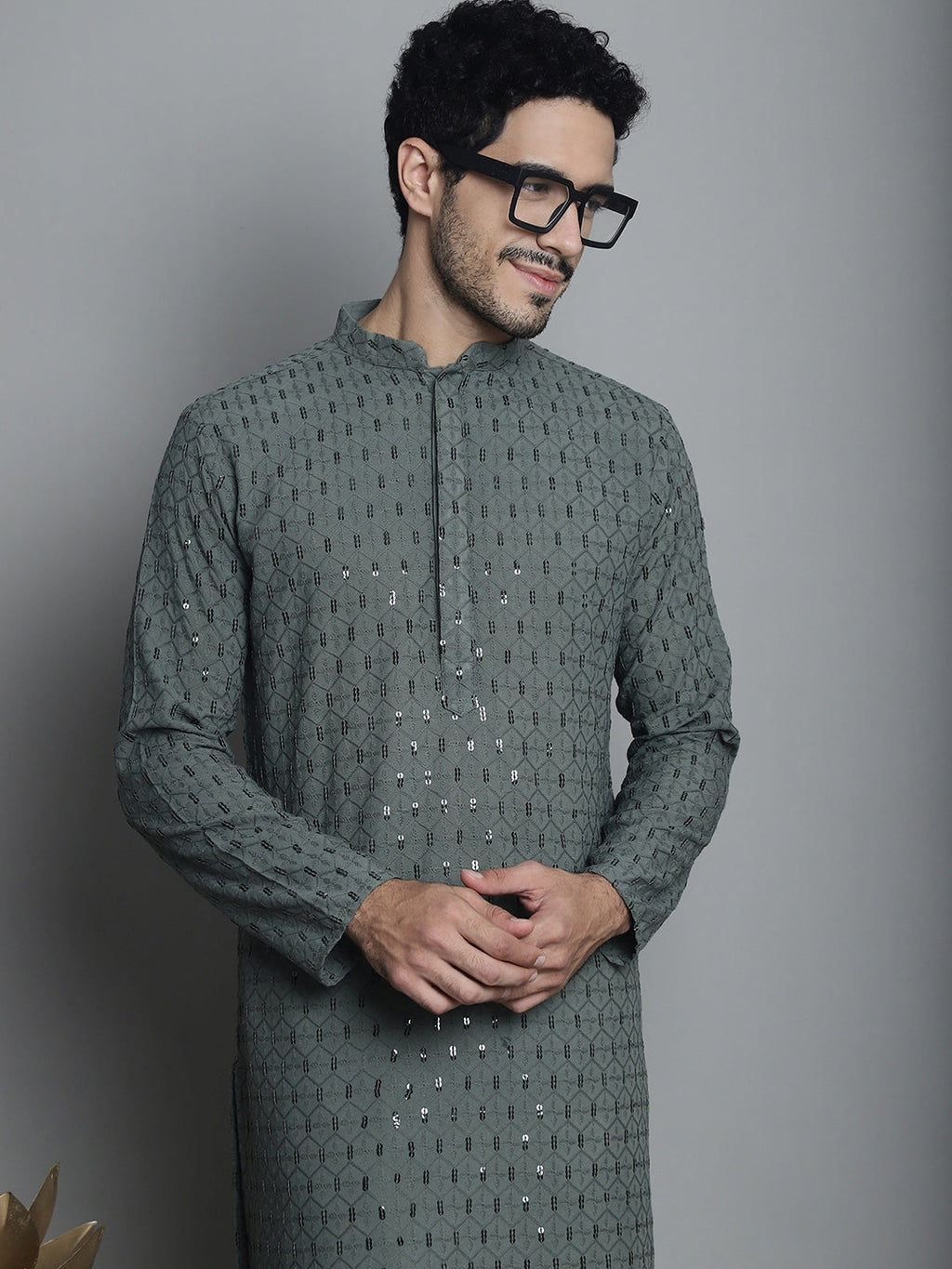 Jompers Men's Chikankari Embroidered and Sequence Kurta with Pyjama - Sea-Green | Grocsy