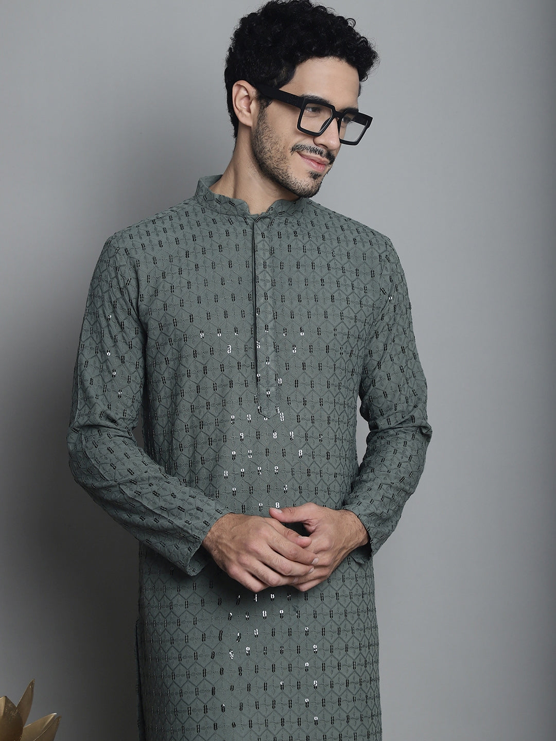 Jompers Men's Chikankari Embroidered and Sequence Kurta with Pyjama - Sea-Green | Grocsy
