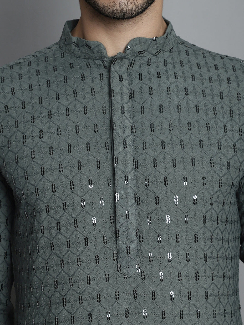Jompers Men's Chikankari Embroidered and Sequence Kurta with Pyjama - Sea-Green | Grocsy