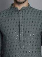 Jompers Men's Chikankari Embroidered and Sequence Kurta with Pyjama - Sea-Green | Grocsy
