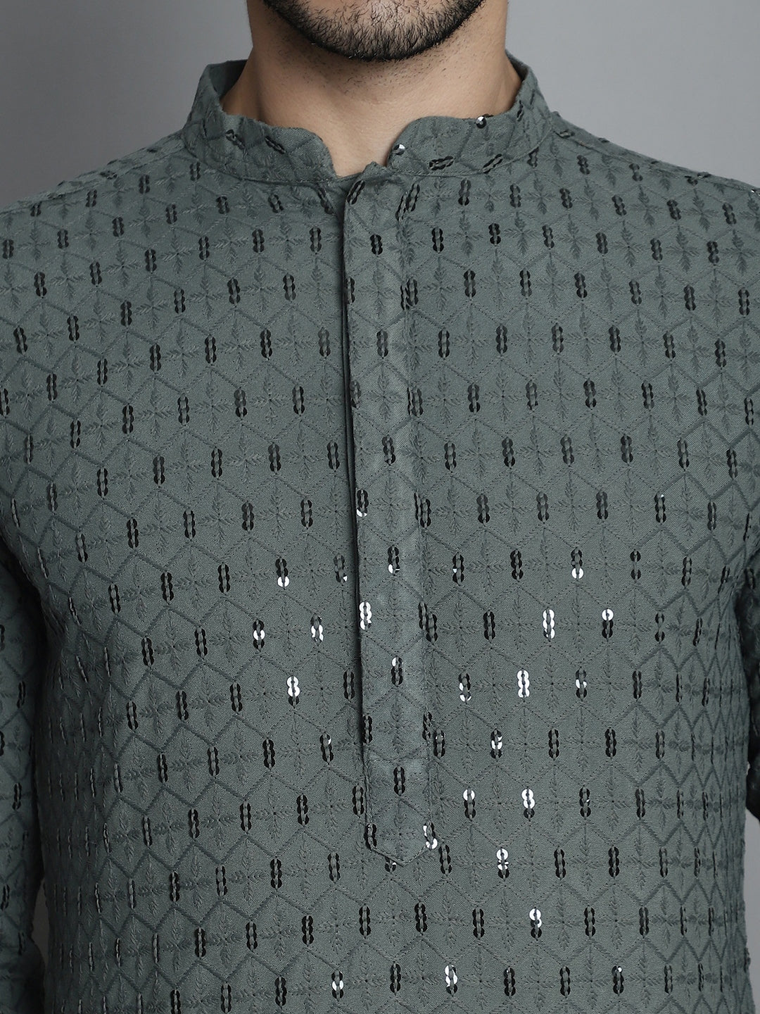 Jompers Men's Chikankari Embroidered and Sequence Kurta with Pyjama - Sea-Green | Grocsy