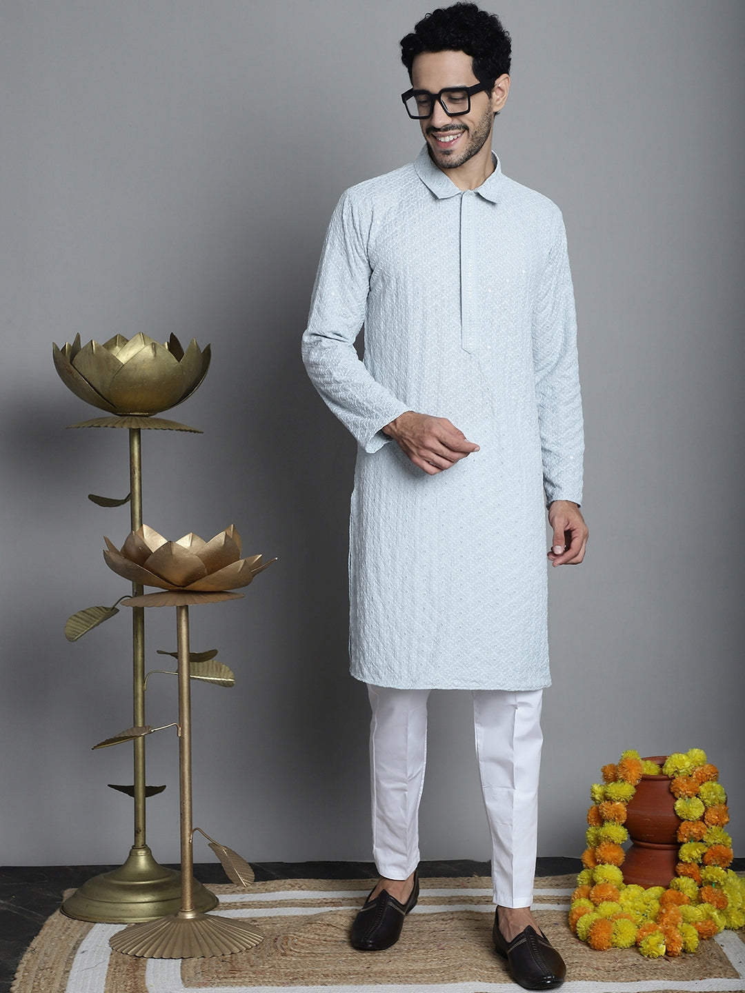 Jompers Men's Chikankari Embroidered and Sequence Kurta with Pyjama - Light-Grey | Grocsy