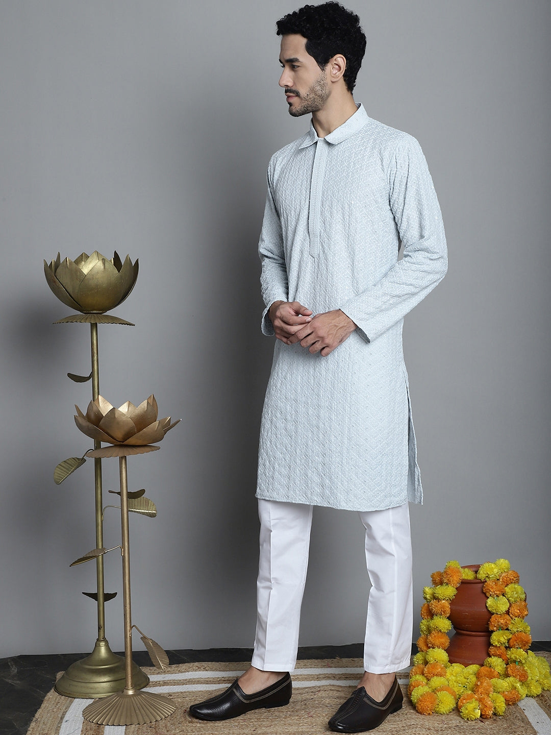 Jompers Men's Chikankari Embroidered and Sequence Kurta with Pyjama - Light-Grey | Grocsy