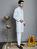 Jompers Men's Chikankari Embroidered and Sequence Kurta with Pyjama - Light-Grey | Grocsy