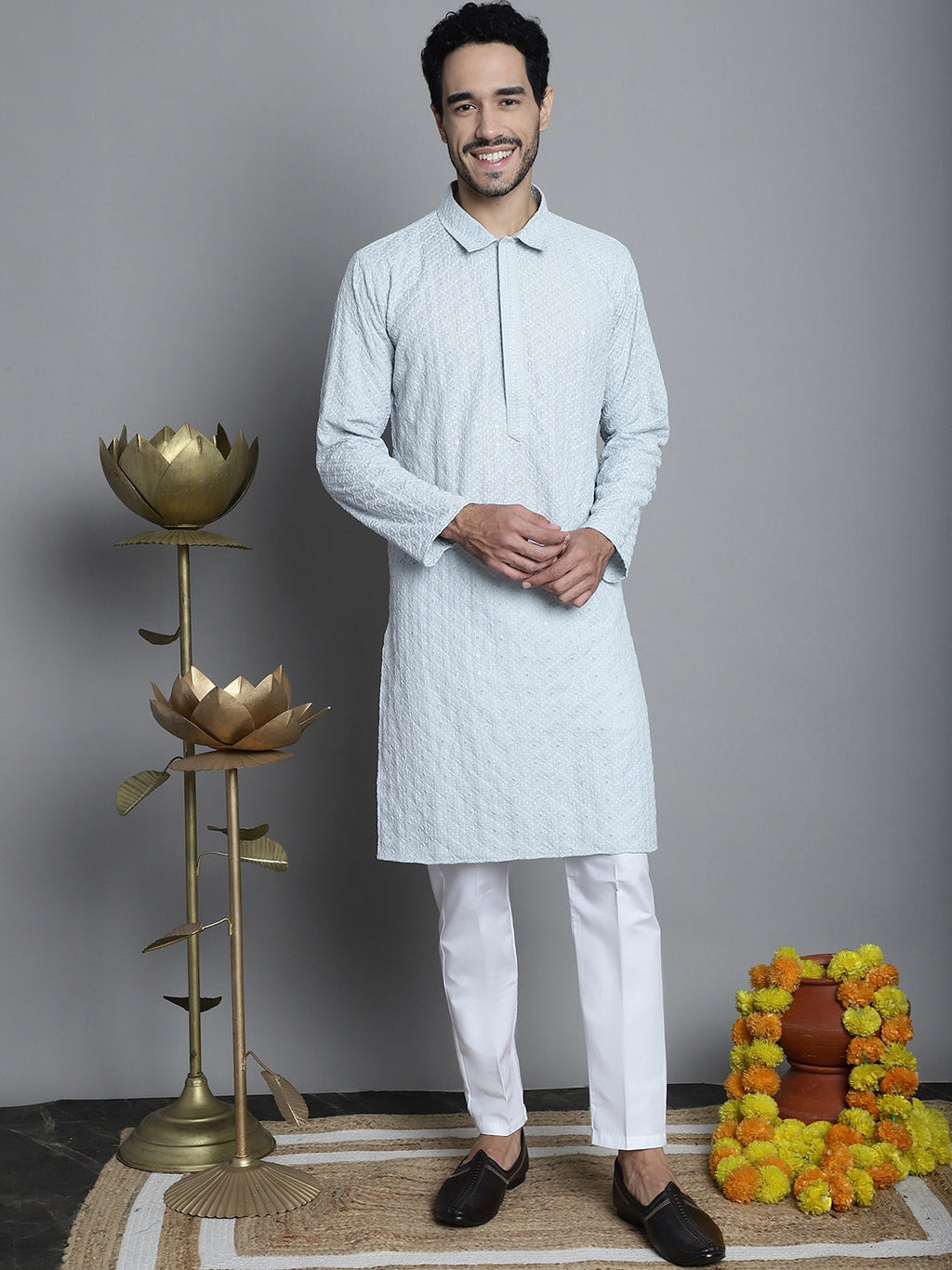 Jompers Men's Chikankari Embroidered and Sequence Kurta with Pyjama - Light-Grey | Grocsy