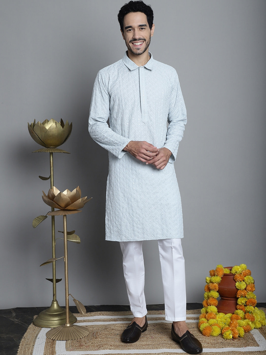 Jompers Men's Chikankari Embroidered and Sequence Kurta with Pyjama - Light-Grey | Grocsy