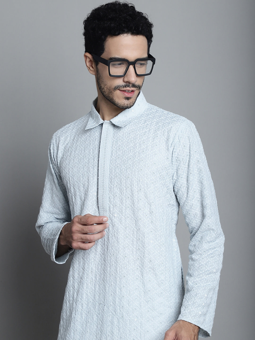 Jompers Men's Chikankari Embroidered and Sequence Kurta with Pyjama - Light-Grey | Grocsy