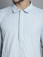Jompers Men's Chikankari Embroidered and Sequence Kurta with Pyjama - Light-Grey | Grocsy