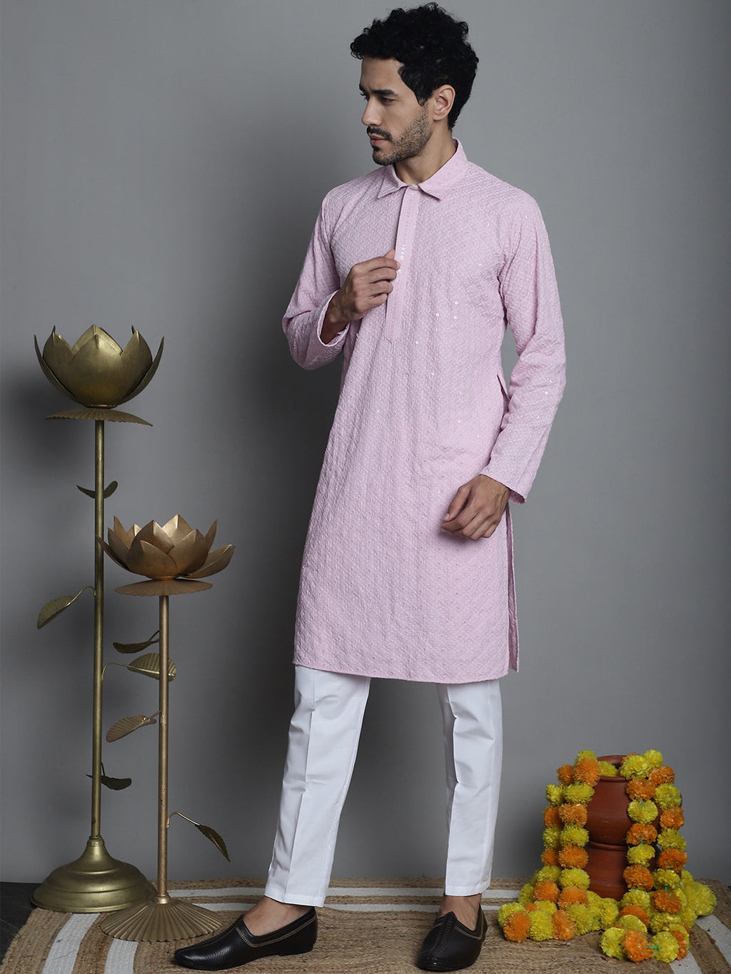 Jompers Men's Chikankari Embroidered and Sequence Kurta with Pyjama - Magenta | Grocsy