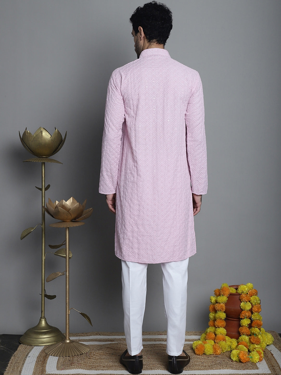 Jompers Men's Chikankari Embroidered and Sequence Kurta with Pyjama - Magenta | Grocsy