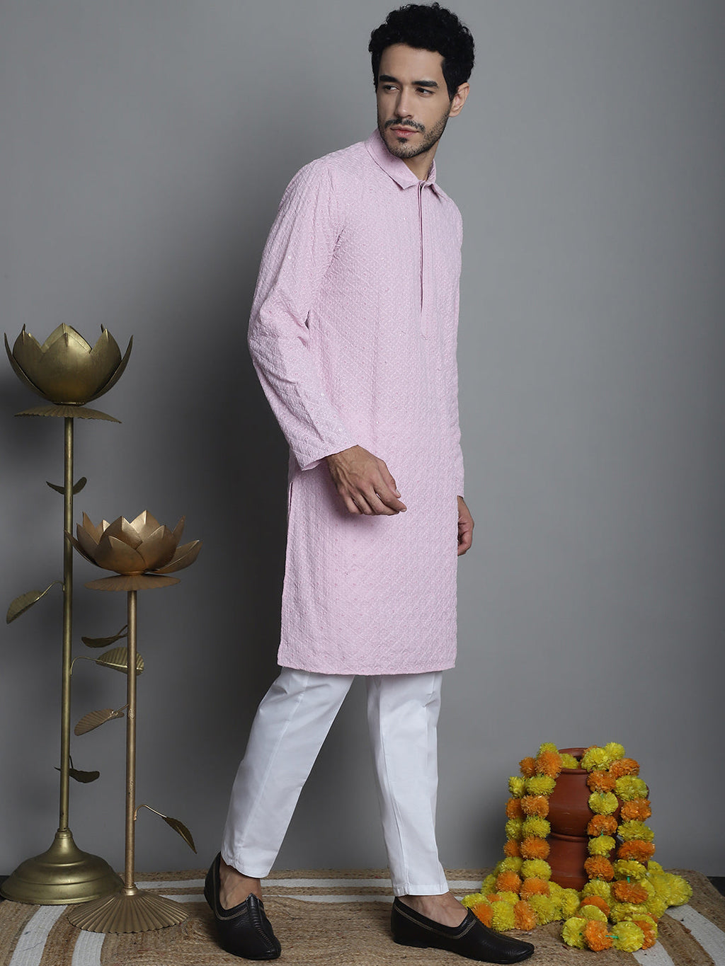 Jompers Men's Chikankari Embroidered and Sequence Kurta with Pyjama - Magenta | Grocsy