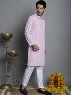 Jompers Men's Chikankari Embroidered and Sequence Kurta with Pyjama - Magenta | Grocsy