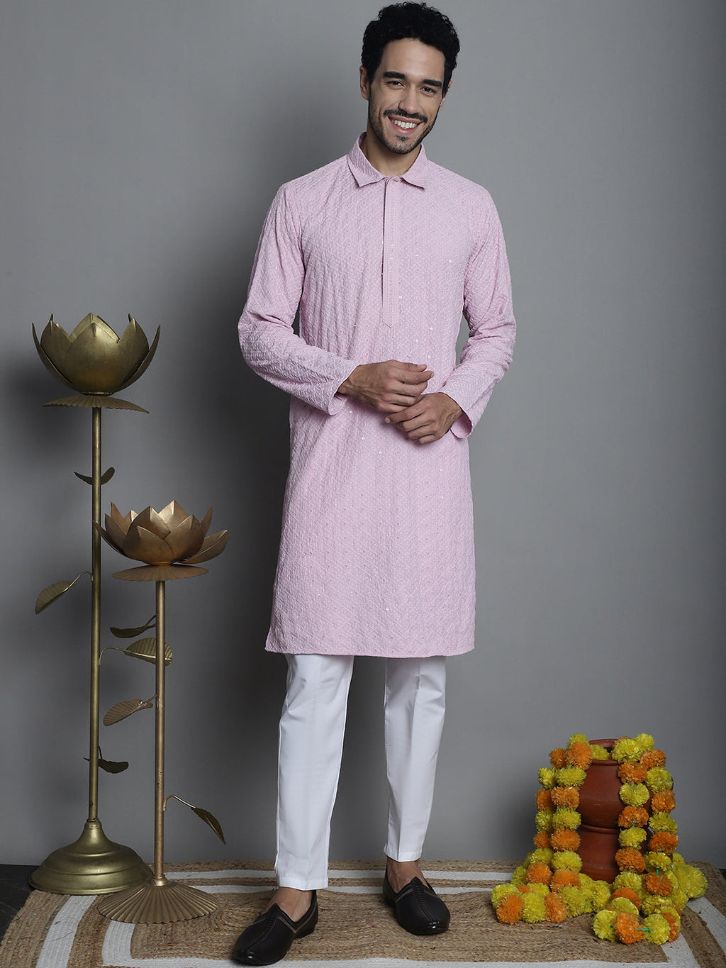 Jompers Men's Chikankari Embroidered and Sequence Kurta with Pyjama - Magenta | Grocsy