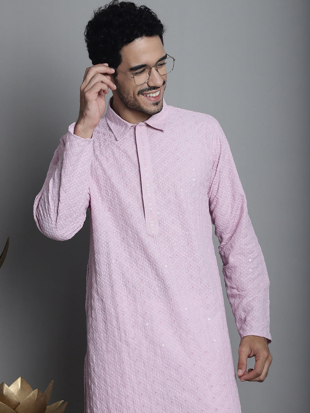 Jompers Men's Chikankari Embroidered and Sequence Kurta with Pyjama - Magenta | Grocsy