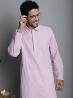 Jompers Men's Chikankari Embroidered and Sequence Kurta with Pyjama - Magenta | Grocsy