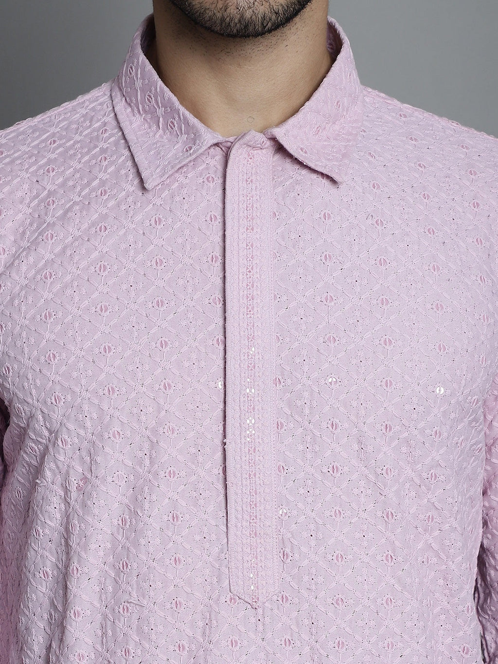 Jompers Men's Chikankari Embroidered and Sequence Kurta with Pyjama - Magenta | Grocsy