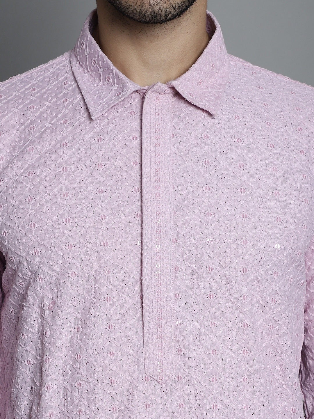 Jompers Men's Chikankari Embroidered and Sequence Kurta with Pyjama - Magenta | Grocsy