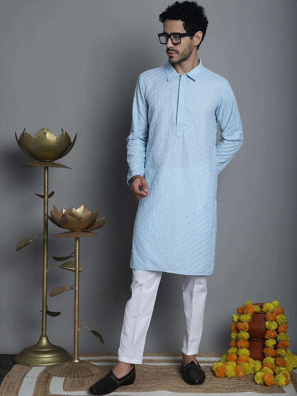 Jompers Men's Chikankari Embroidered and Sequence Kurta with Pyjama - Sky Blue | Grocsy