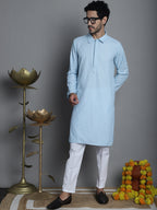 Jompers Men's Chikankari Embroidered and Sequence Kurta with Pyjama - Sky Blue | Grocsy