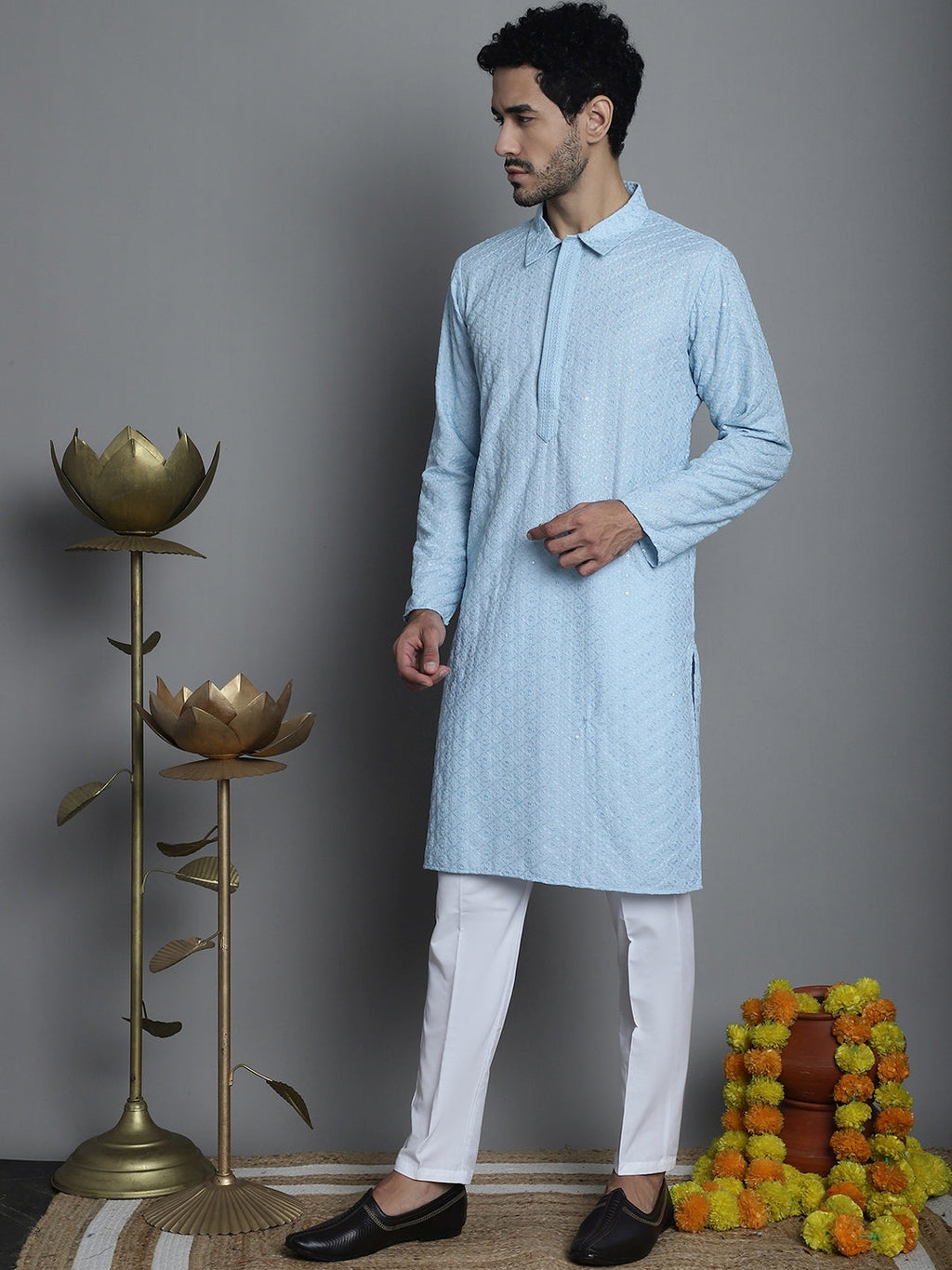 Jompers Men's Chikankari Embroidered and Sequence Kurta with Pyjama - Sky Blue | Grocsy