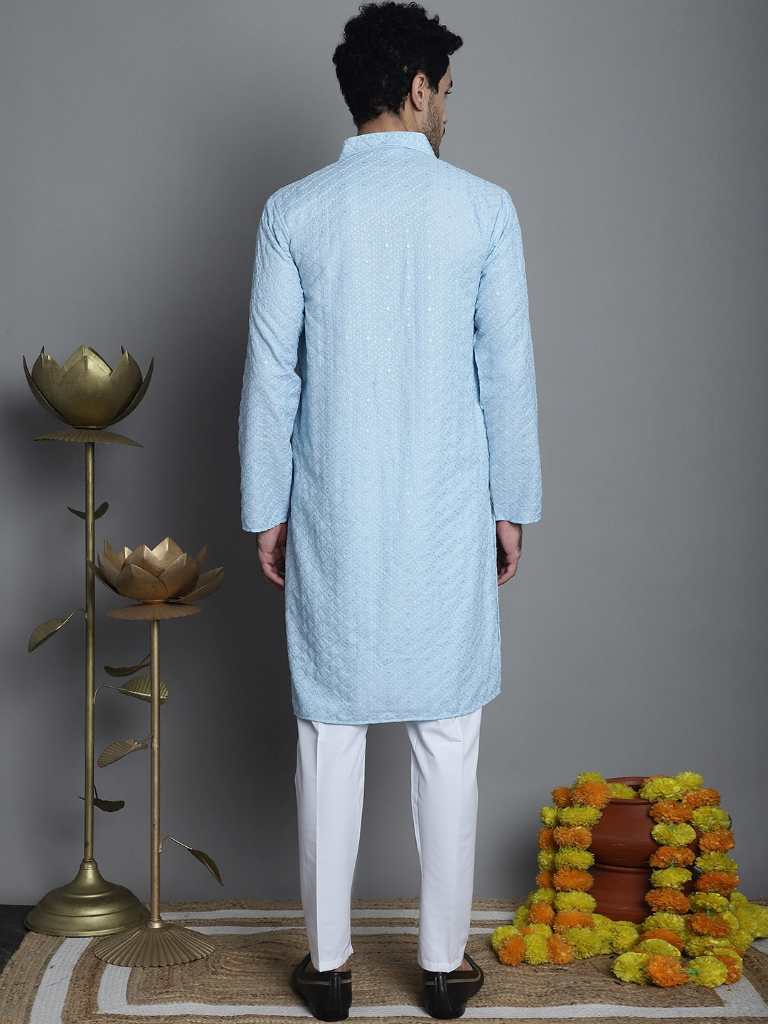 Jompers Men's Chikankari Embroidered and Sequence Kurta with Pyjama - Sky Blue | Grocsy
