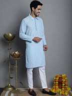 Jompers Men's Chikankari Embroidered and Sequence Kurta with Pyjama - Sky Blue | Grocsy