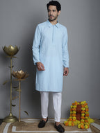 Jompers Men's Chikankari Embroidered and Sequence Kurta with Pyjama - Sky Blue | Grocsy