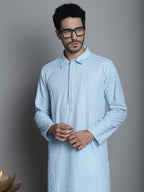 Jompers Men's Chikankari Embroidered and Sequence Kurta with Pyjama - Sky Blue | Grocsy