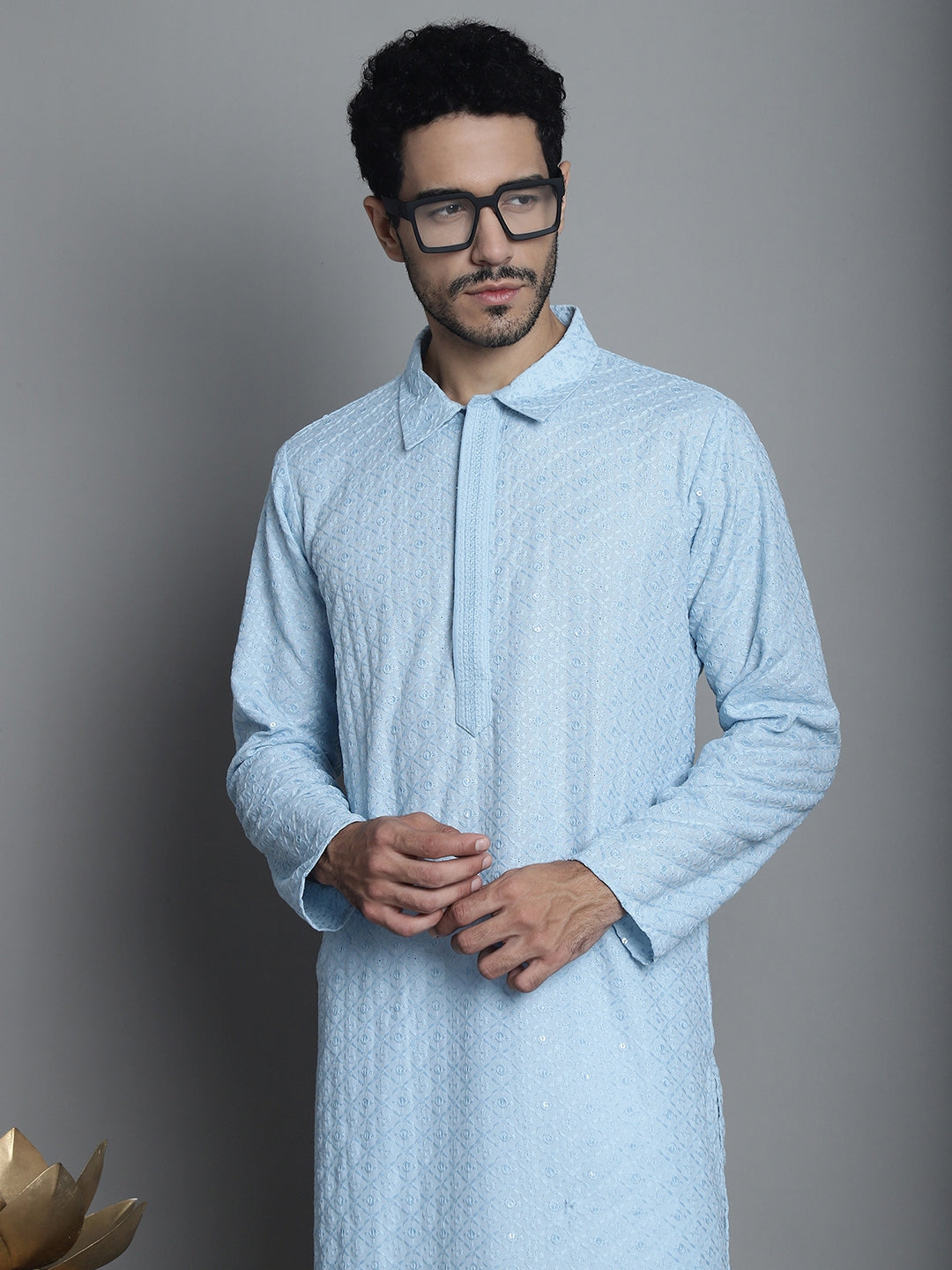 Jompers Men's Chikankari Embroidered and Sequence Kurta with Pyjama - Sky Blue | Grocsy