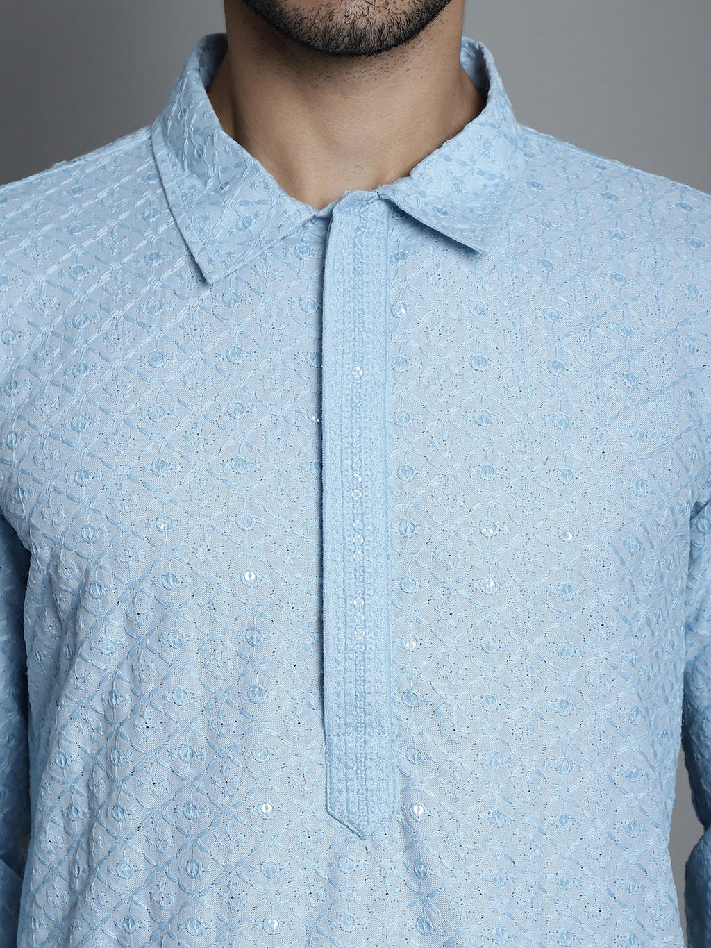 Jompers Men's Chikankari Embroidered and Sequence Kurta with Pyjama - Sky Blue | Grocsy