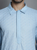 Jompers Men's Chikankari Embroidered and Sequence Kurta with Pyjama - Sky Blue | Grocsy