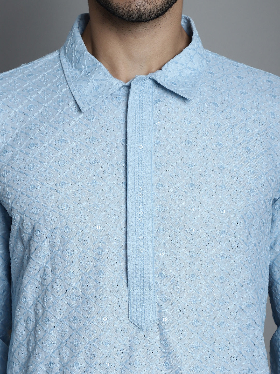 Jompers Men's Chikankari Embroidered and Sequence Kurta with Pyjama - Sky Blue | Grocsy
