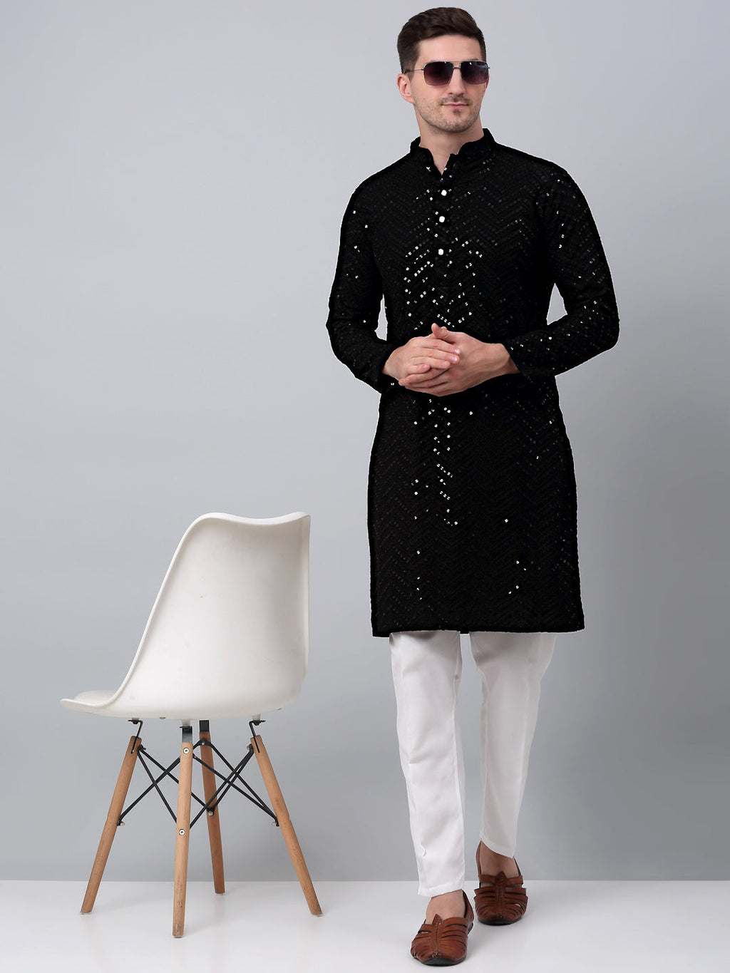 Jompers Men's Black Embroidered Sequinned Kurta with Churidar | Grocsy