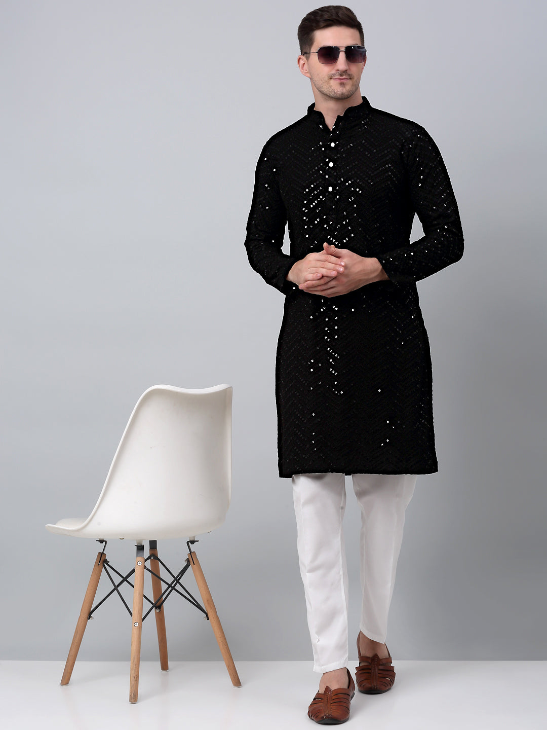 Jompers Men's Black Embroidered Sequinned Kurta with Churidar | Grocsy