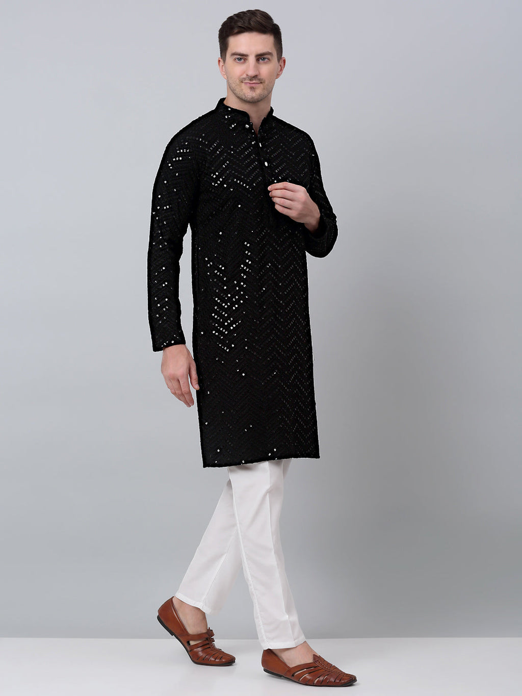 Jompers Men's Black Embroidered Sequinned Kurta with Churidar | Grocsy