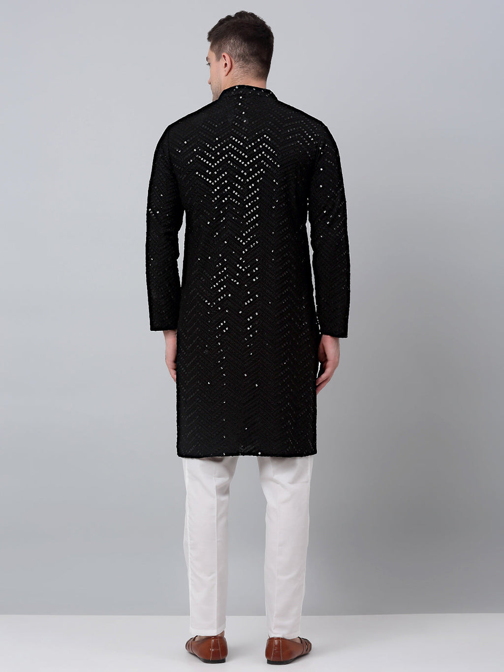 Jompers Men's Black Embroidered Sequinned Kurta with Churidar | Grocsy