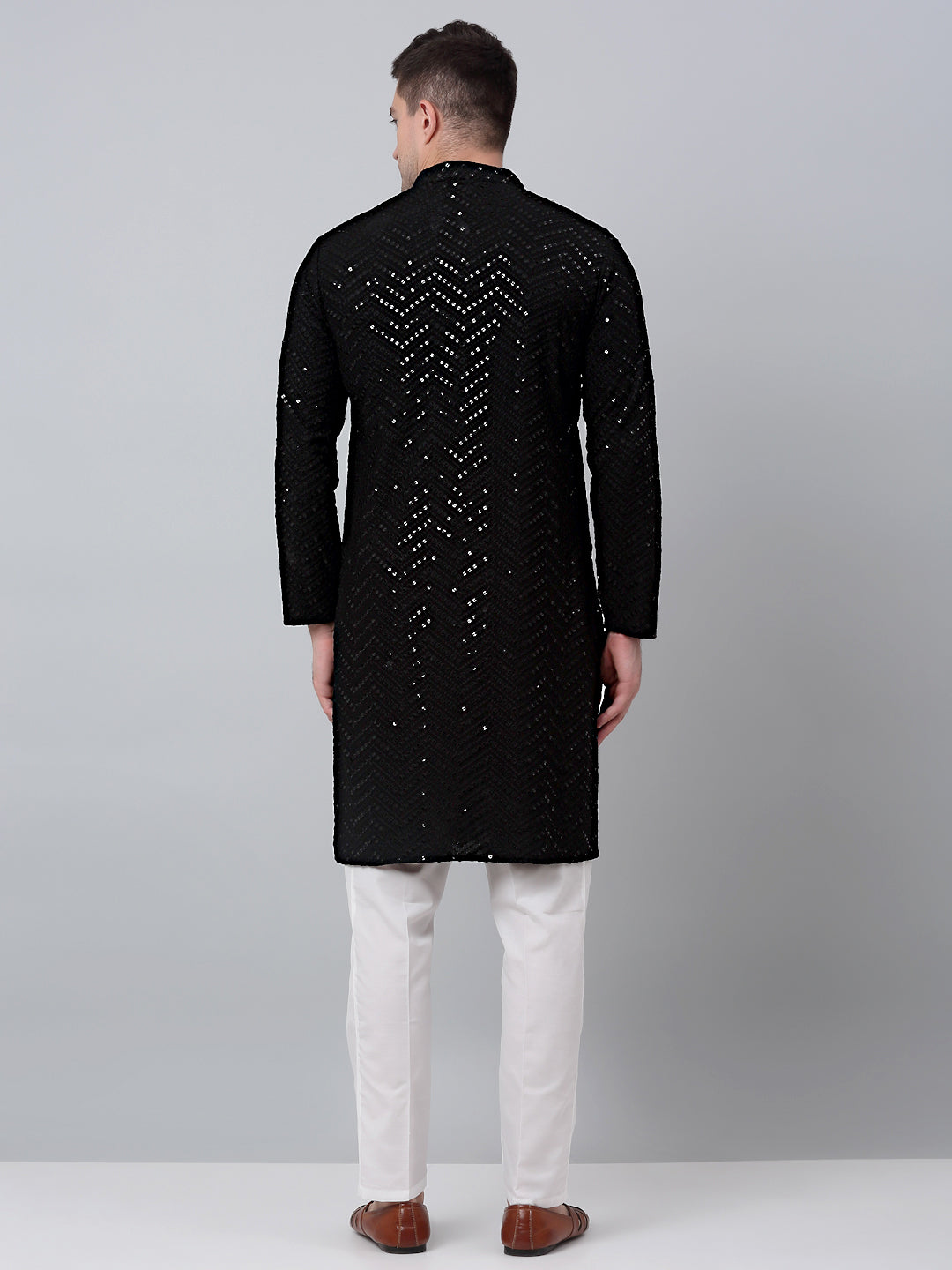 Jompers Men's Black Embroidered Sequinned Kurta with Churidar | Grocsy