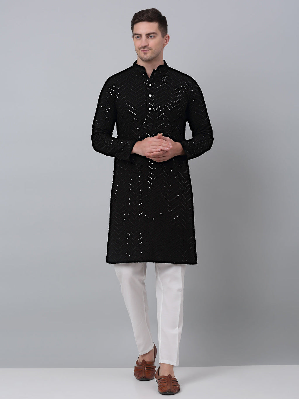 Jompers Men's Black Embroidered Sequinned Kurta with Churidar | Grocsy