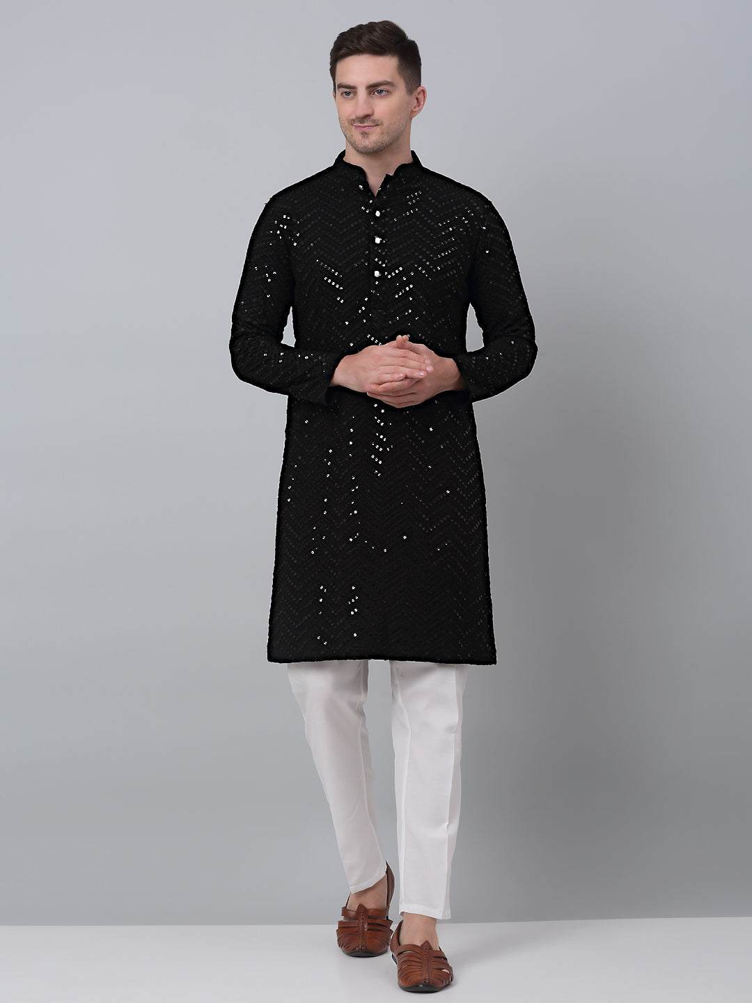 Jompers Men's Black Embroidered Sequinned Kurta with Churidar | Grocsy