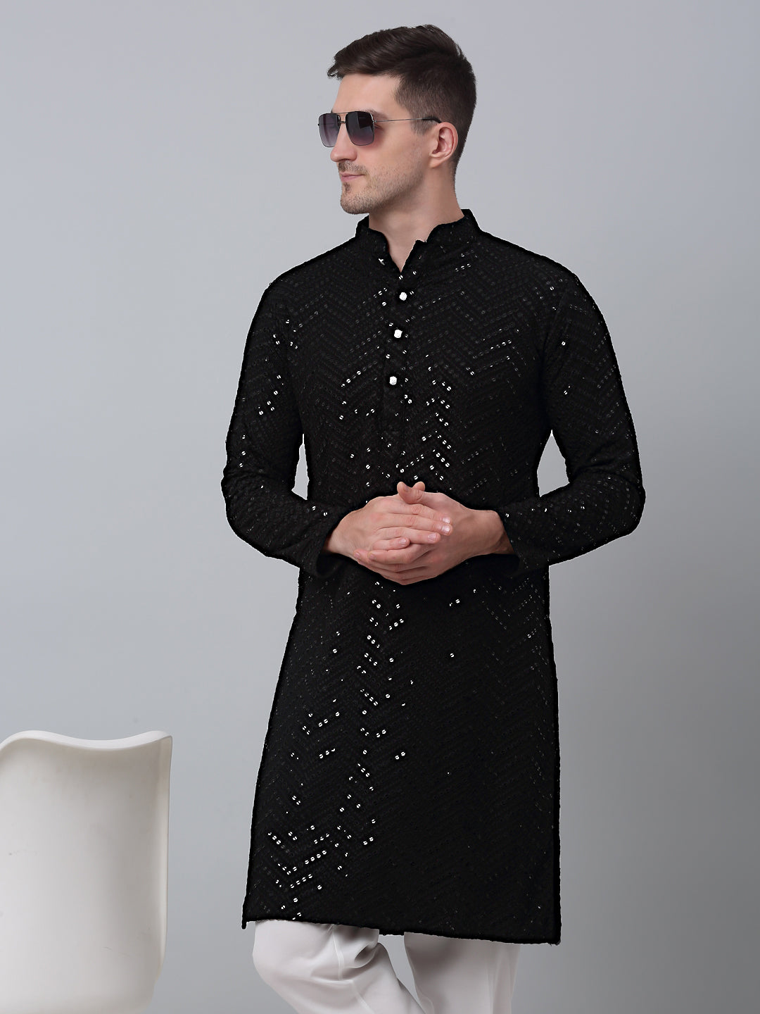 Jompers Men's Black Embroidered Sequinned Kurta with Churidar | Grocsy