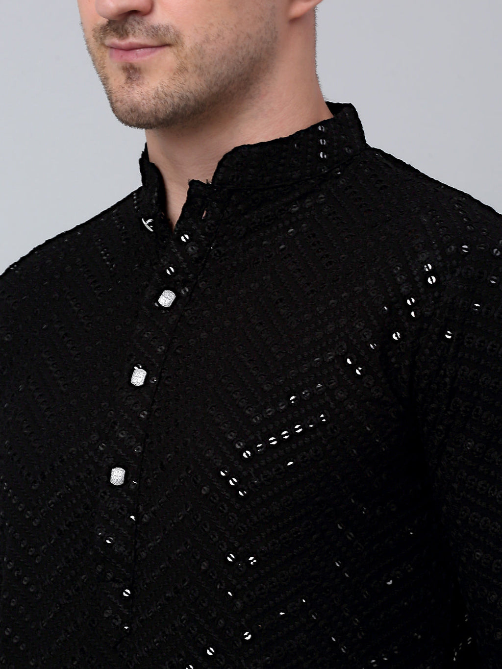 Jompers Men's Black Embroidered Sequinned Kurta with Churidar | Grocsy